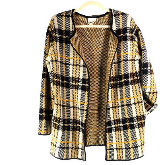 Olive Oak Cardigan Jacket Shacket S Mustard Blue Plaid Pockets Knit Oversized - Picture 1 of 8
